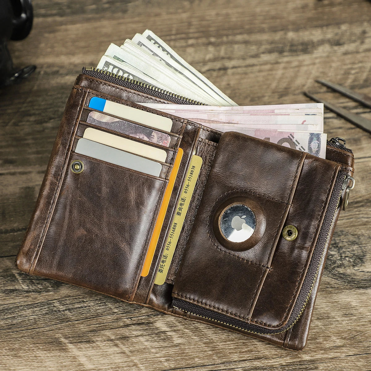 Premium Crackle Leather Wallet for Men – Slim Bifold, AirTag Slot